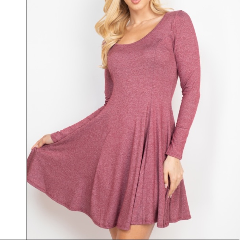 Dark Mauve Long sleeve scoop neck skater dress, CUTE!